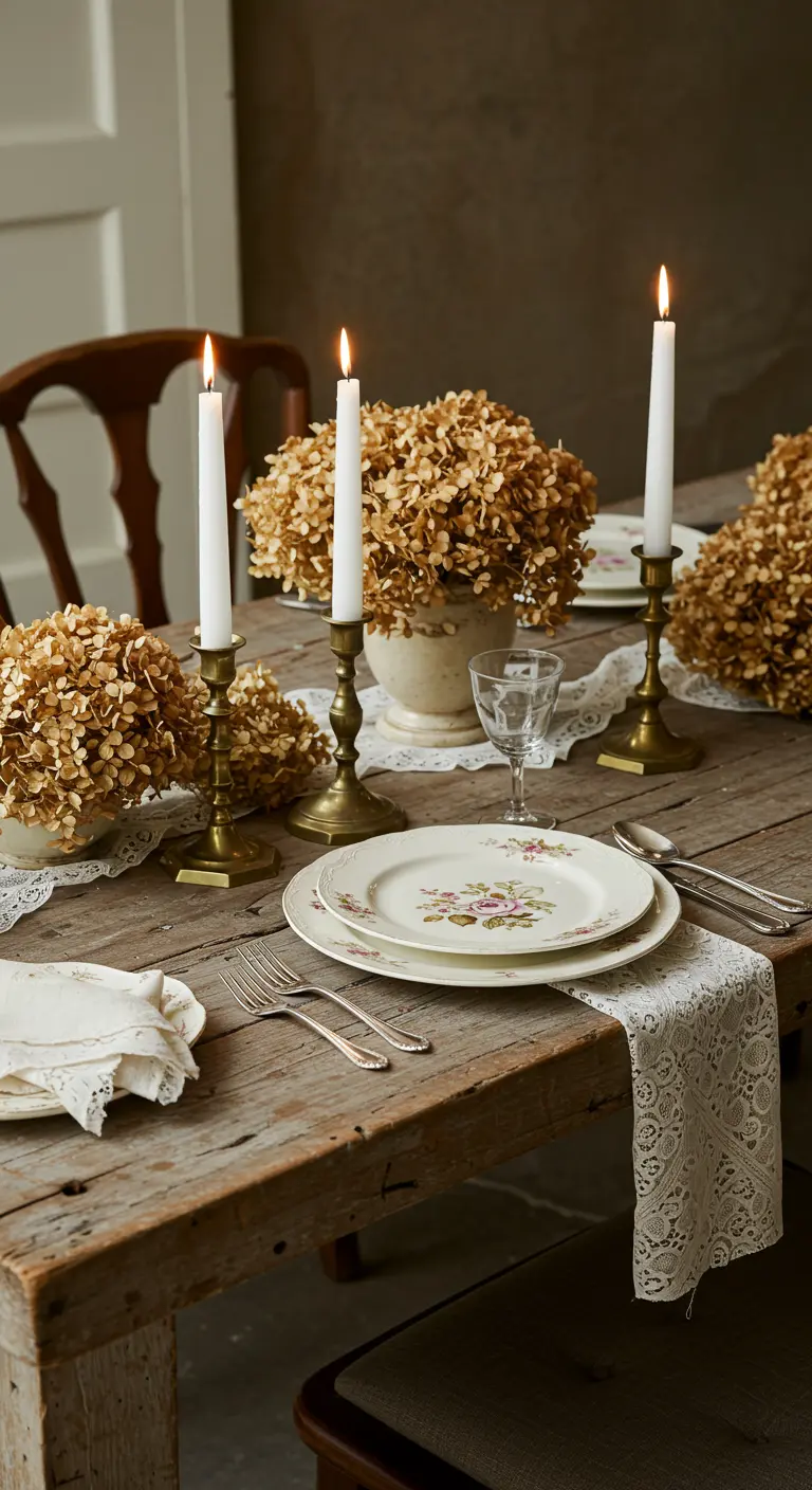 Vieille table en bois, chemin de table en dentelle, assiettes fleuries, bougeoirs en laiton et hortensias séchés.