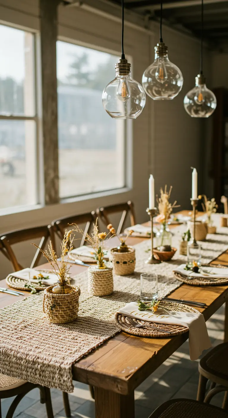 Tables de mariage extérieures décorées de paniers tressés et fleurs, sous des suspensions bohèmes.