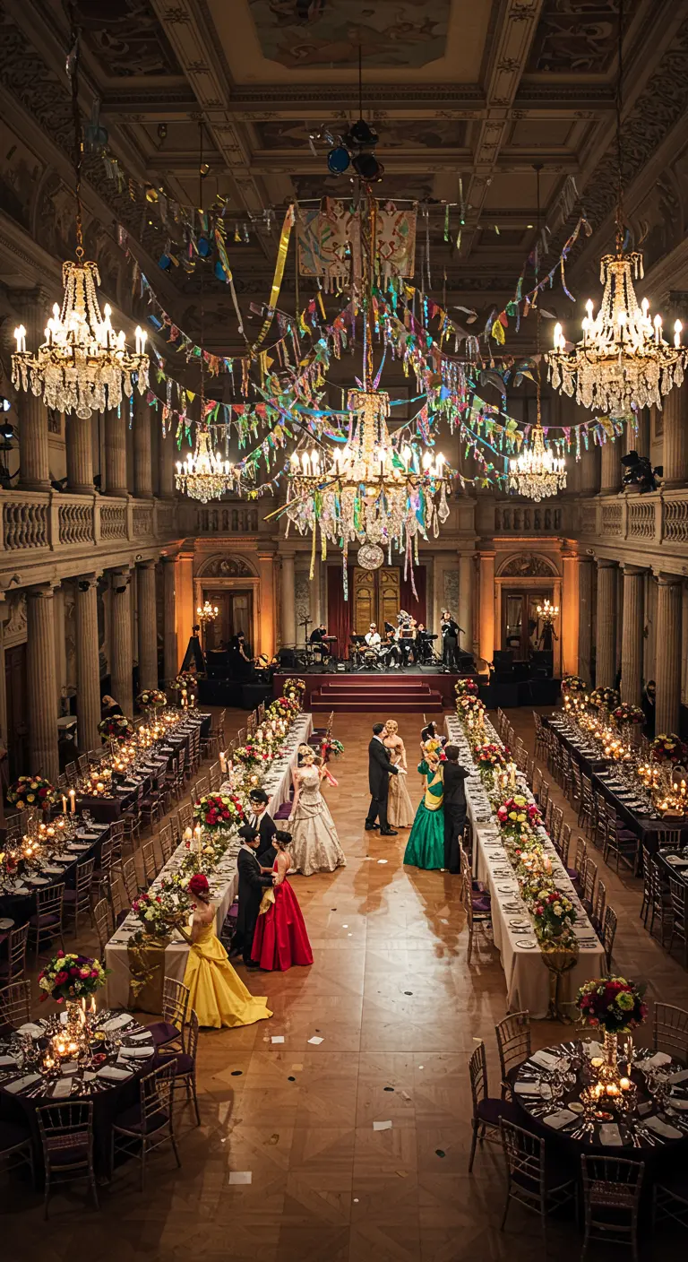 Salle de bal luxueuse décorée de rubans colorés de carnaval, lumières tamisées.