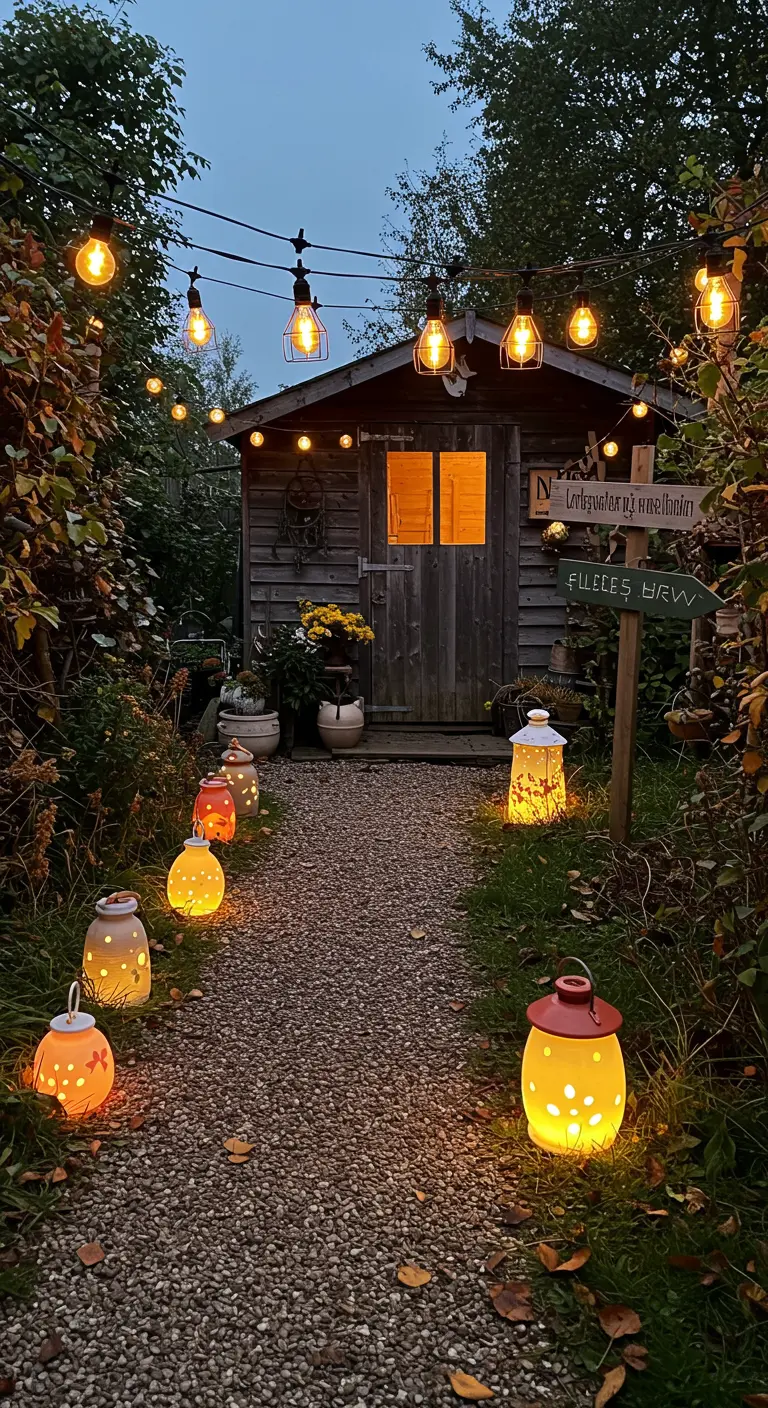 Chemin de jardin éclairé par des lanternes au sol et des guirlandes lumineuses, menant à une cabane.
