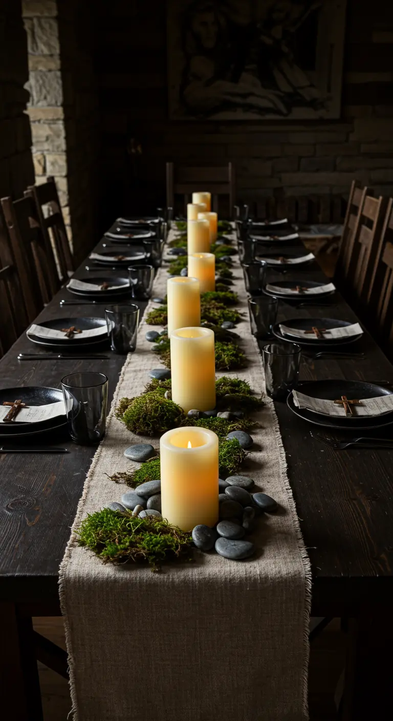 Longue table sombre avec un chemin de table en lin, de la mousse, des galets et des bougies piliers.