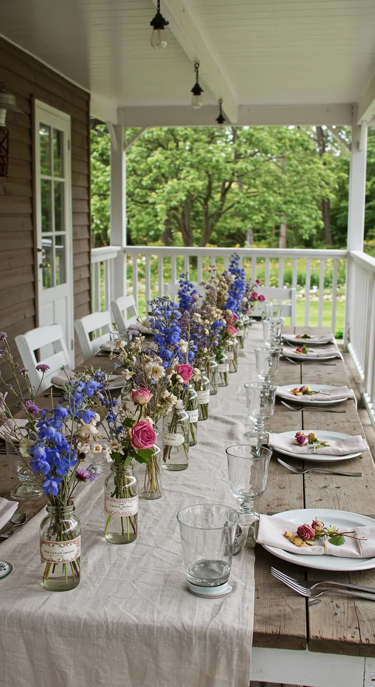 Longue table en bois avec une rangée de petits flacons contenant des fleurs sauvages séchées.