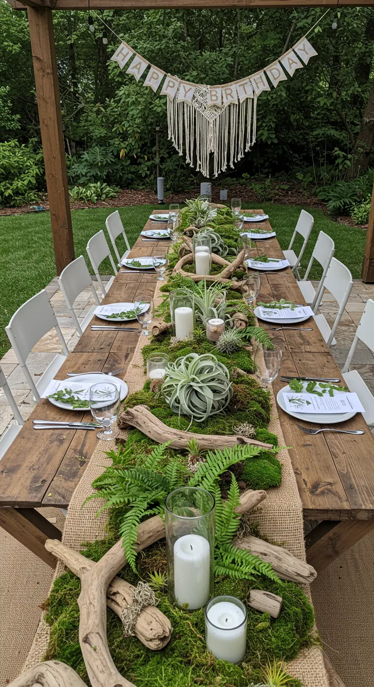 Centre de table luxuriant fait de mousse, de fougères et de bois flotté.