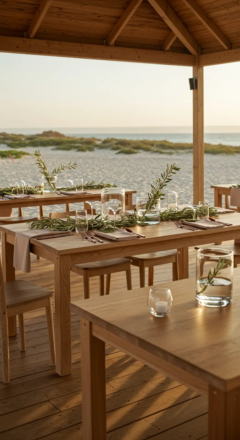 Table en bois sur une plage, décorée de longues branches d'olivier.