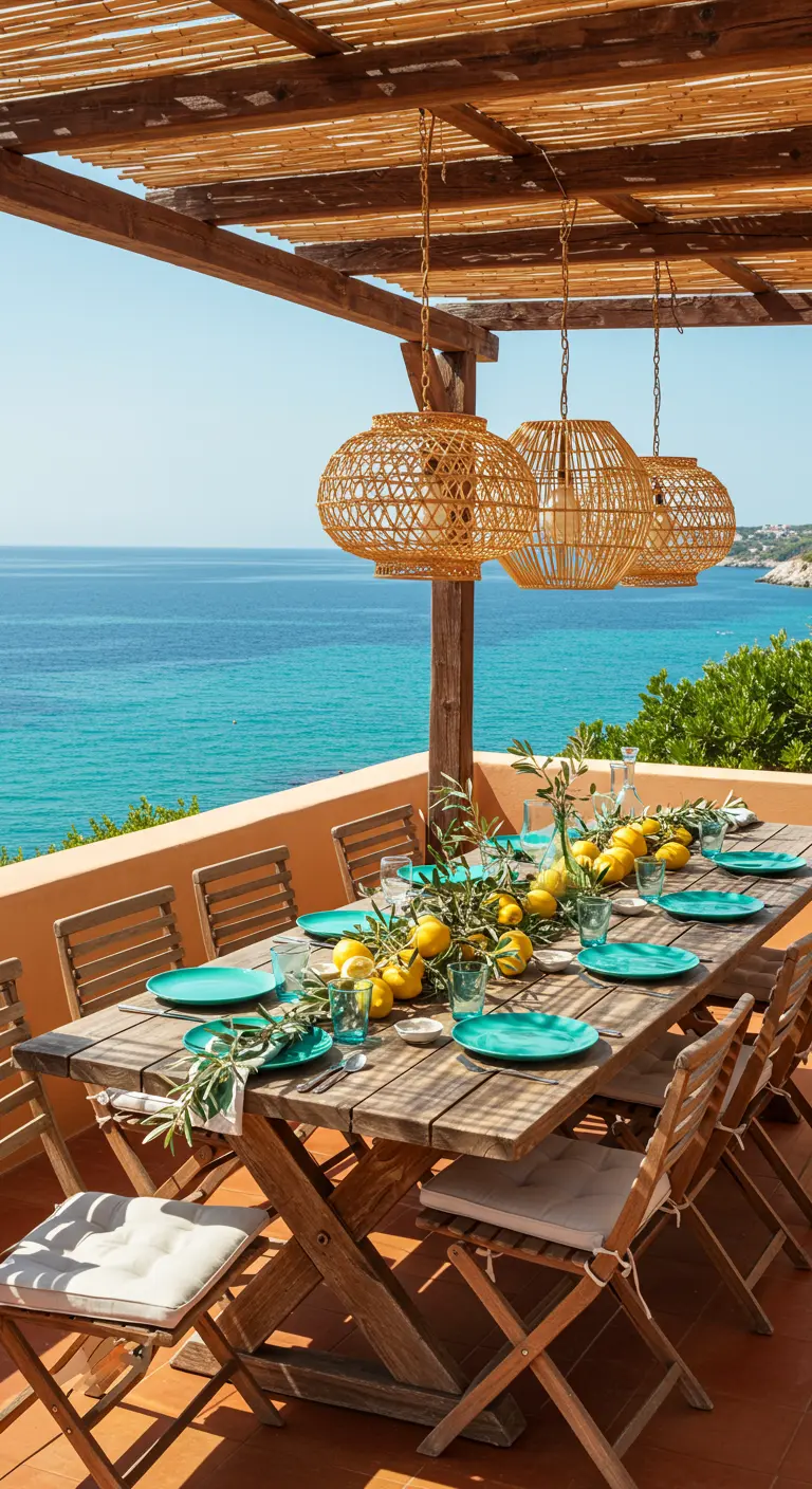 Table en bois sur une terrasse face à la mer, décorée de citrons et d'assiettes turquoise.
