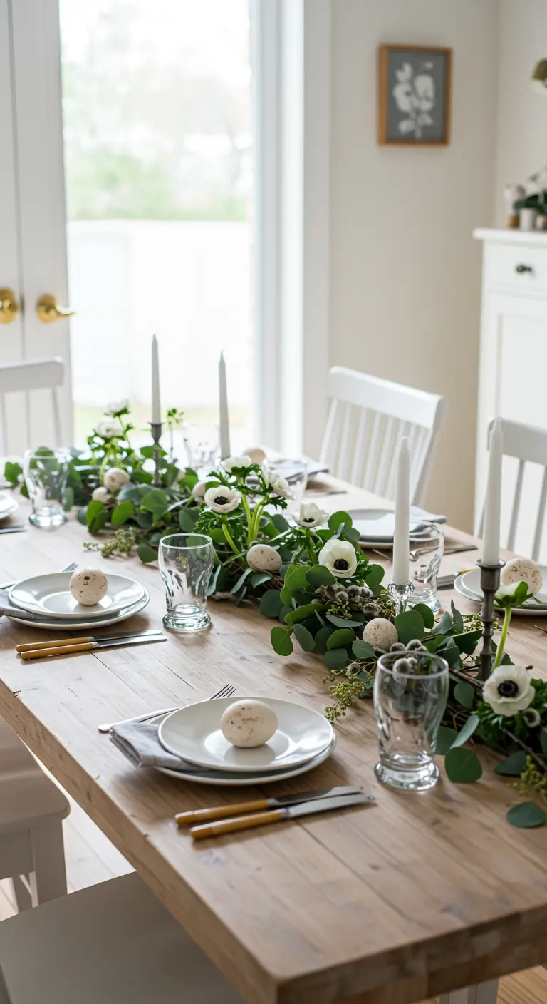 Longue table en bois décorée d'un chemin de table en eucalyptus et anémones blanches.