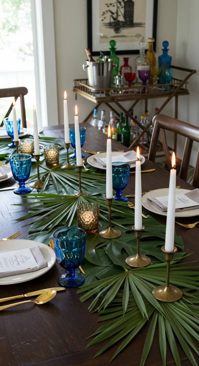 Table à dîner dressée avec des feuilles de palmier comme chemin de table