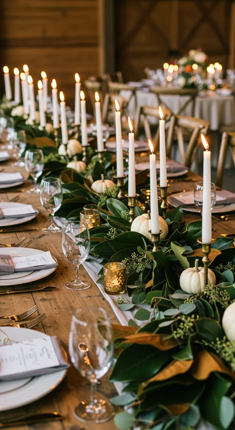 Table de réception avec un long chemin de table en feuilles et de nombreuses bougies.