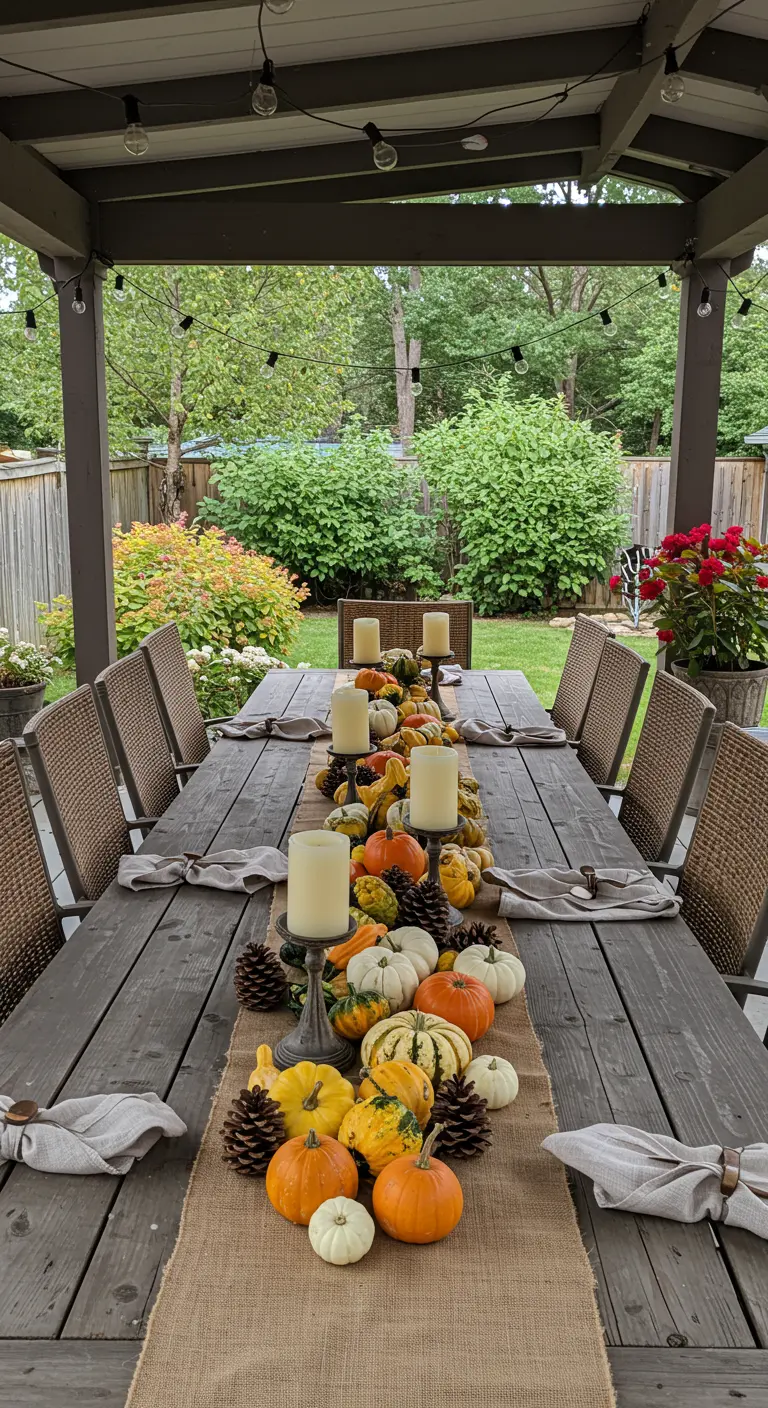 Un chemin de table automnal avec des citrouilles, des bougies et des pommes de pin.