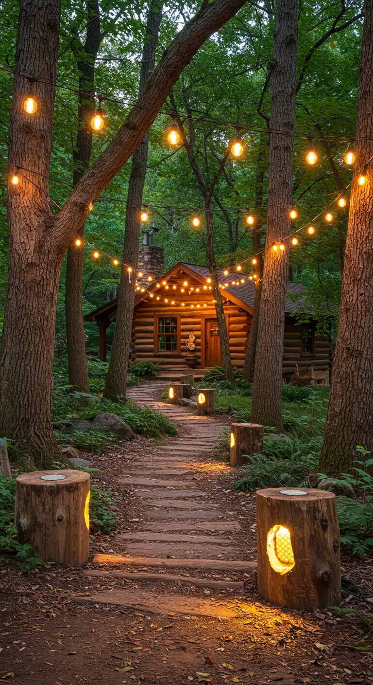 Chemin forestier menant à une cabane, éclairé par des guirlandes et des troncs d'arbres creusés et lumineux.