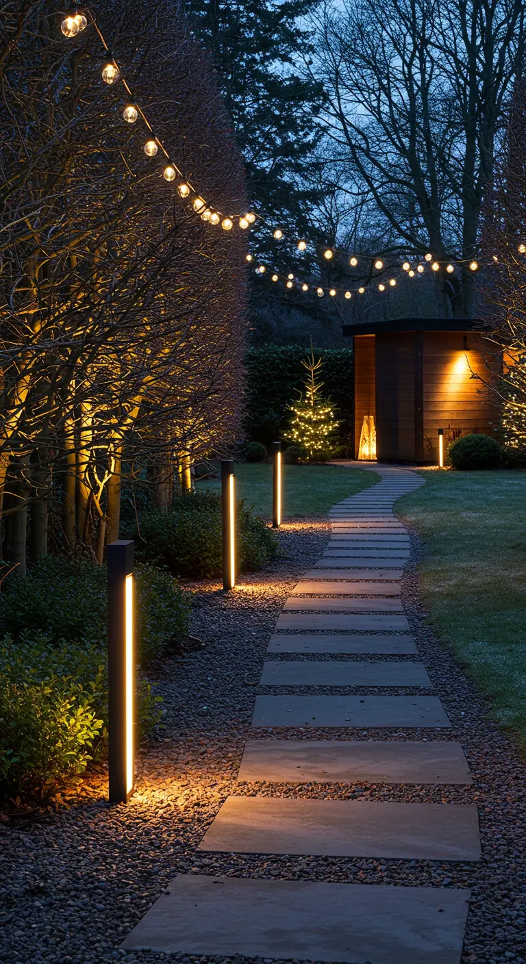 Chemin de jardin moderne avec bornes lumineuses LED, guirlandes suspendues et sapin illuminé.