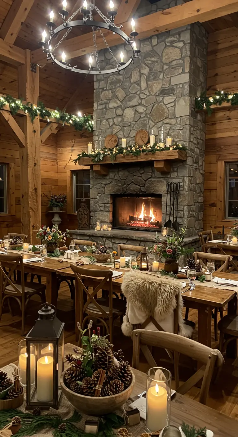 Salle rustique avec cheminée en pierre, tables en bois décorées de bougies, pommes de pin et feuillages.