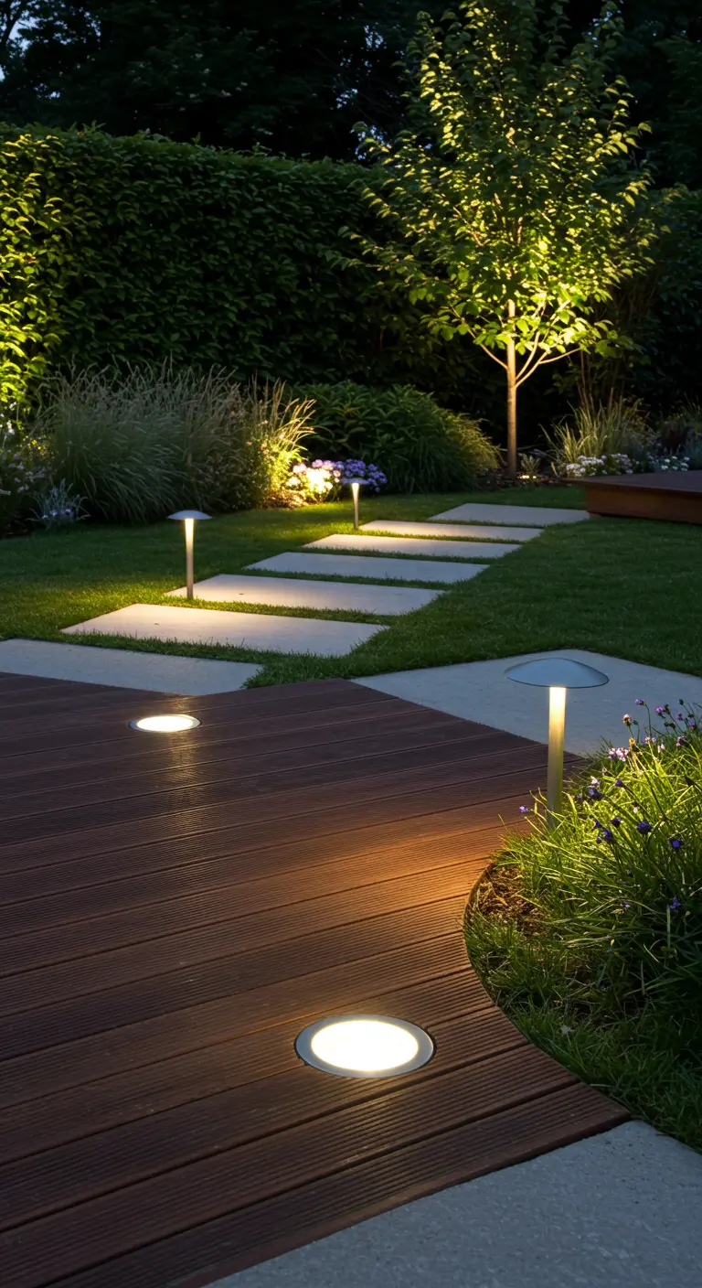 Chemin de jardin avec spots encastrés dans la terrasse et bornes lumineuses sur l'herbe.