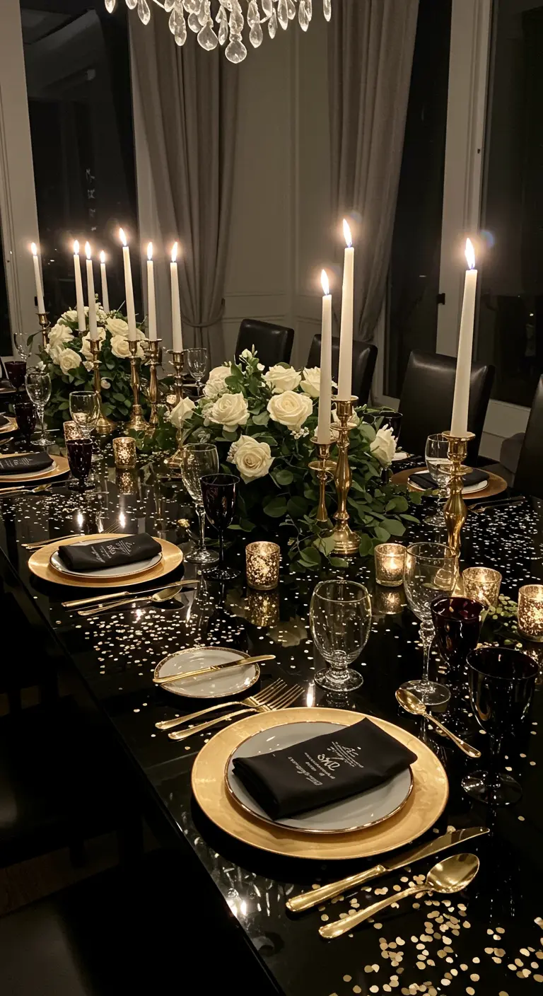 Table de dîner glamour noire et dorée avec des chandeliers et des roses blanches.