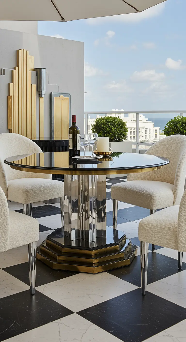 Table de style Art Déco sur une terrasse avec un sol en damier.