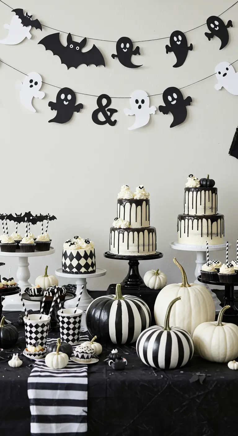 Buffet de fête noir et blanc avec gâteaux à coulures et citrouilles à motifs.