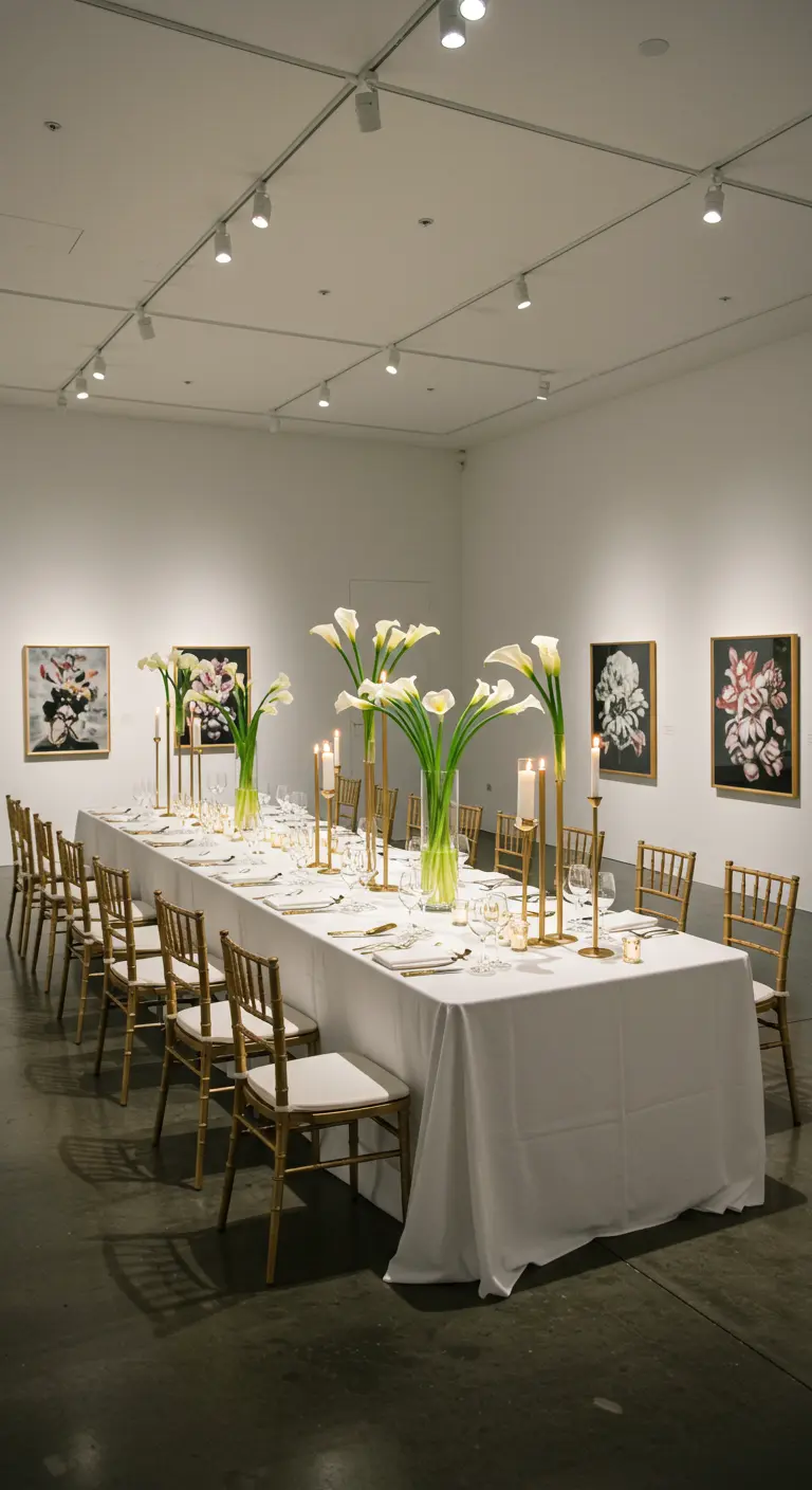 Longue table de dîner blanche dans une galerie d'art, avec des arums blancs et des chaises dorées.