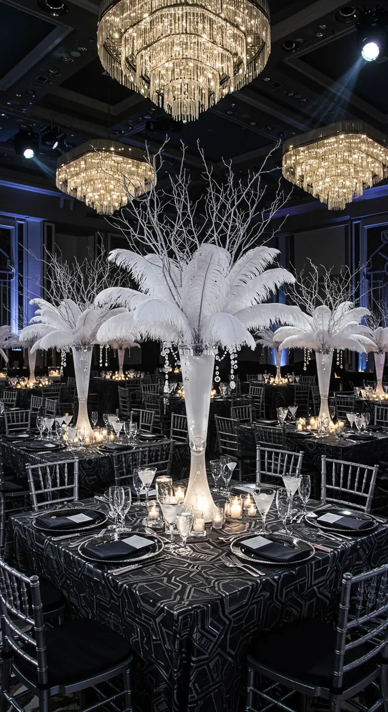 Tables de mariage noires et argentées avec plumes blanches et branches givrées en centre de table.