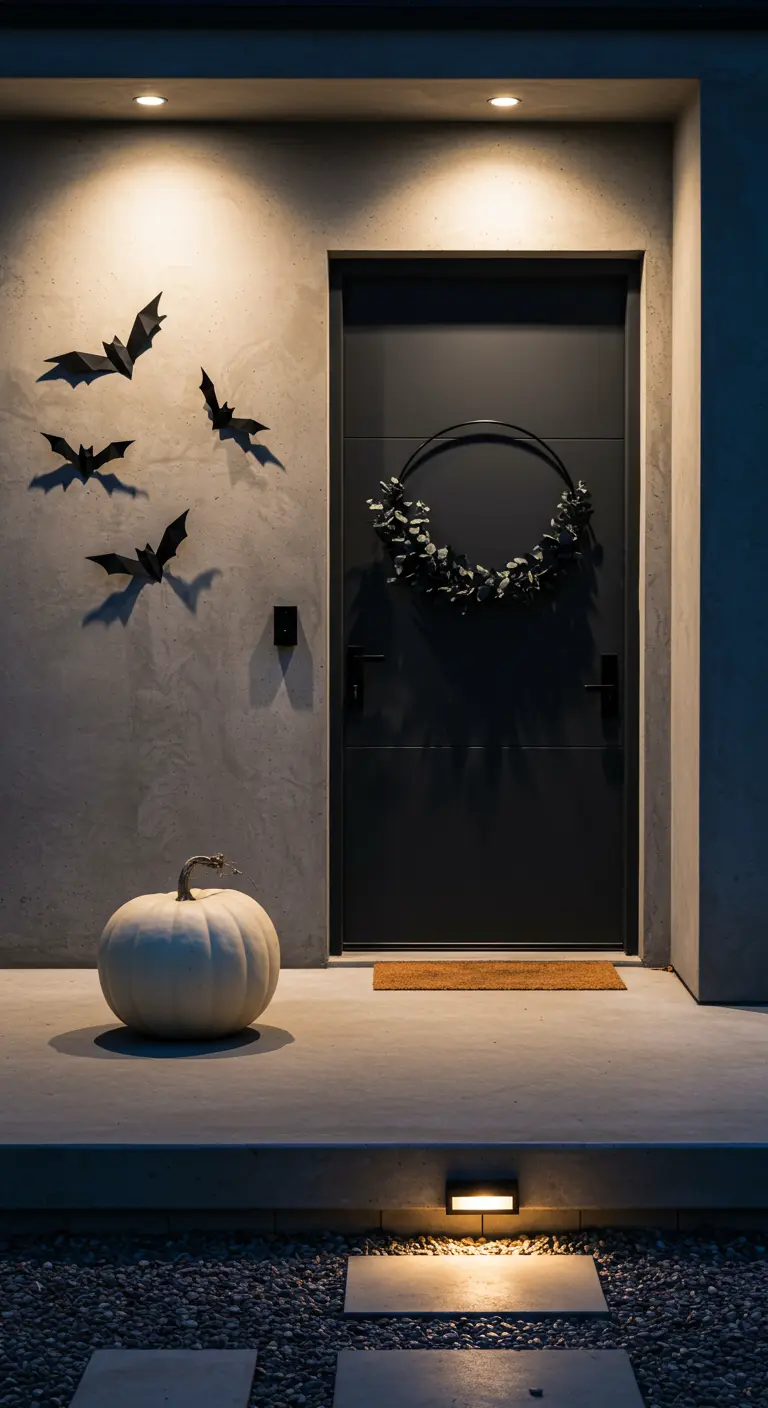 Porte noire minimaliste avec une couronne sombre, une citrouille blanche et des chauves-souris.