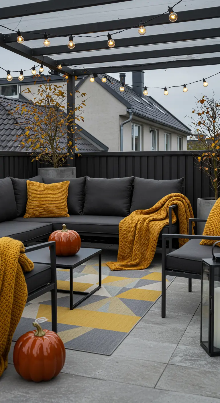 Terrasse moderne avec salon anthracite, coussins jaune moutarde, tapis géométrique et citrouilles.