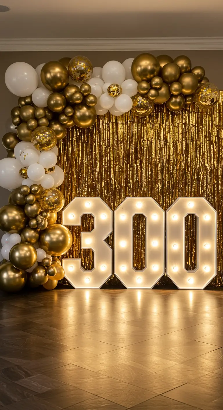 Photobooth pour un anniversaire important avec de grands chiffres lumineux et des ballons dorés.