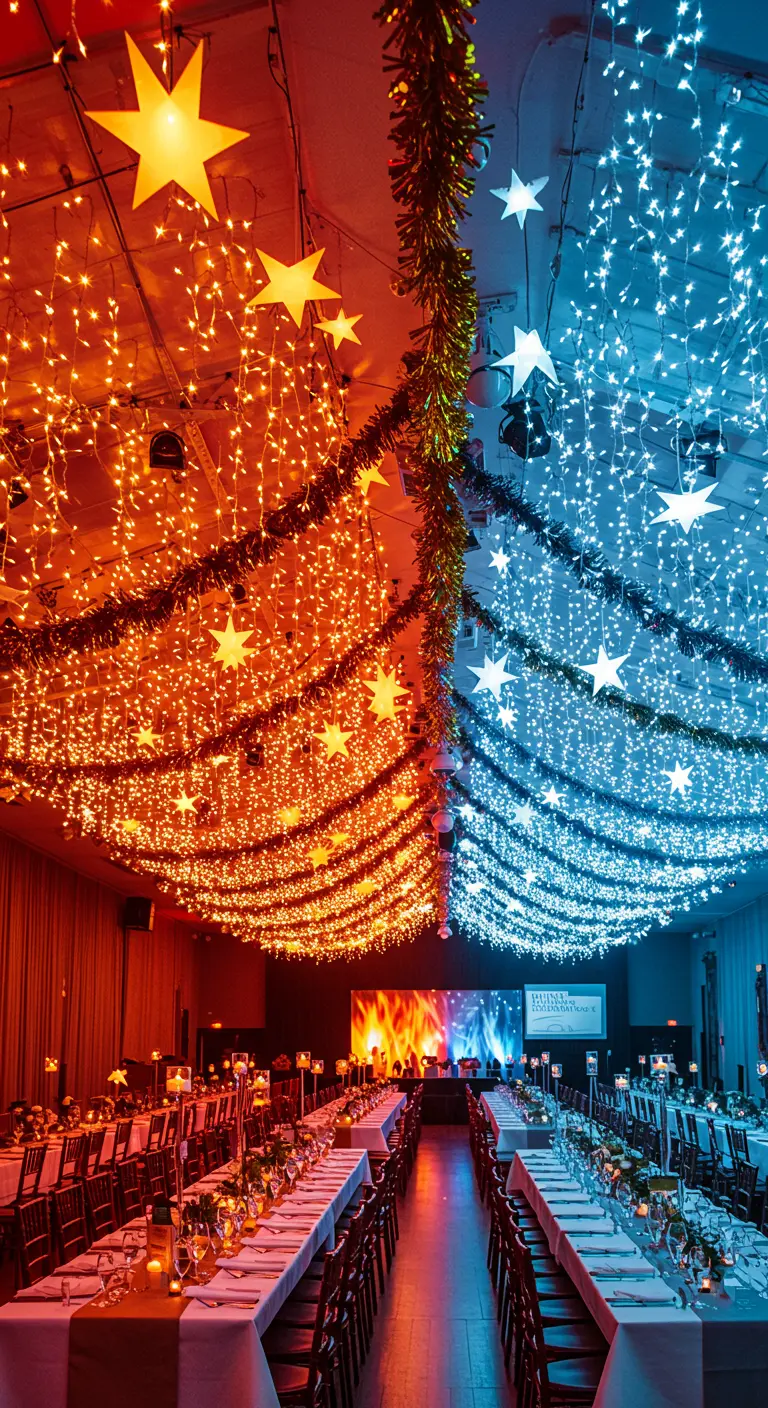 Salle de réception divisée en deux, avec un éclairage orange et un éclairage bleu.