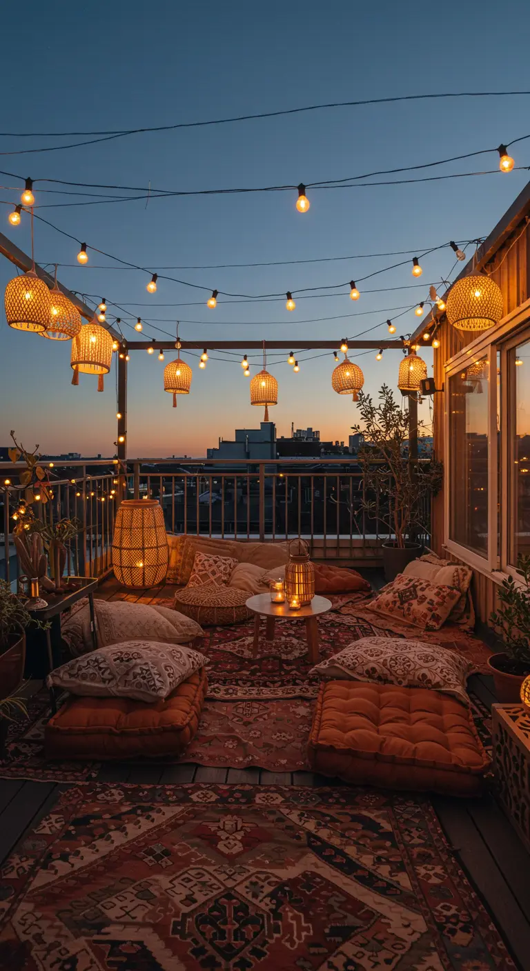 Terrasse sur un toit avec guirlandes lumineuses, lampions en rotin et coussins au sol.