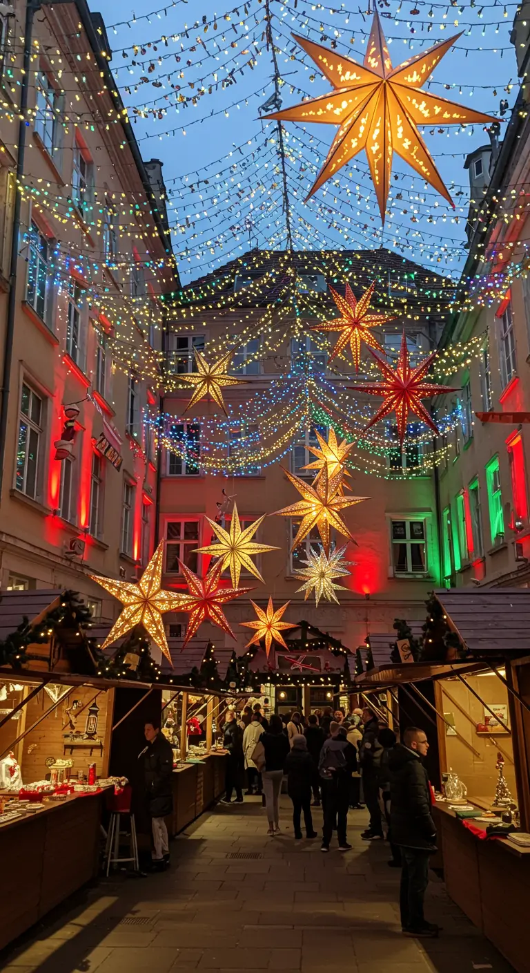 Marché de Noël en plein air avec de nombreuses guirlandes lumineuses et de grandes étoiles suspendues.