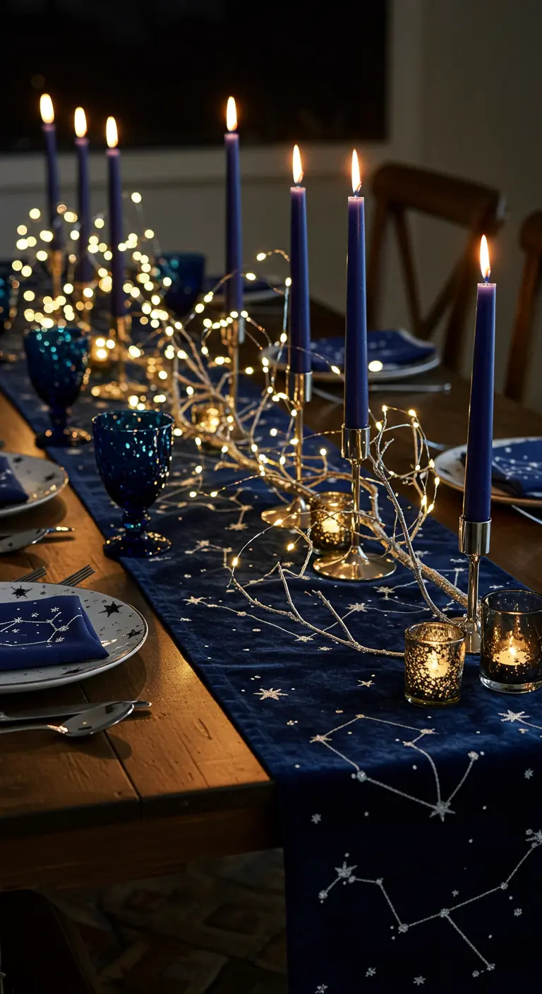Table de fête avec chemin de table bleu nuit à étoiles, lumières et bougies.