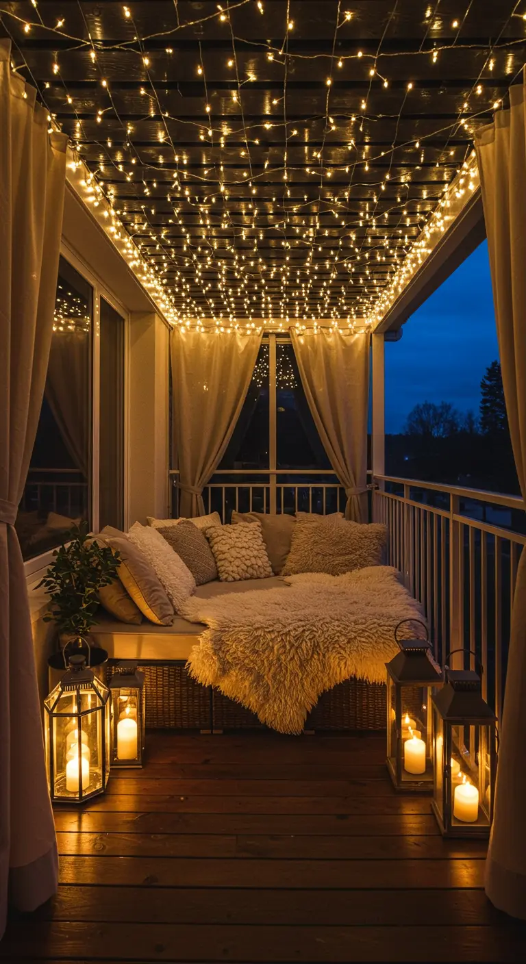 Balcon couvert avec un ciel de guirlandes lumineuses, rideaux blancs, daybed cosy et lanternes.