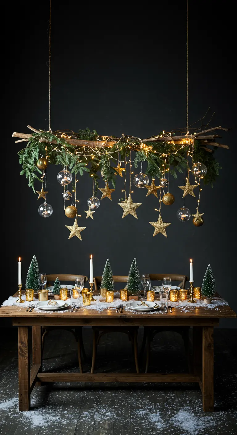 Une branche décorée de lumières et d'étoiles suspendue au-dessus d'une table de Noël.