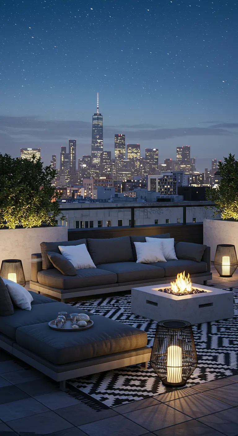 Canapé modulaire gris sur un rooftop avec brasero et vue sur la ville de nuit.