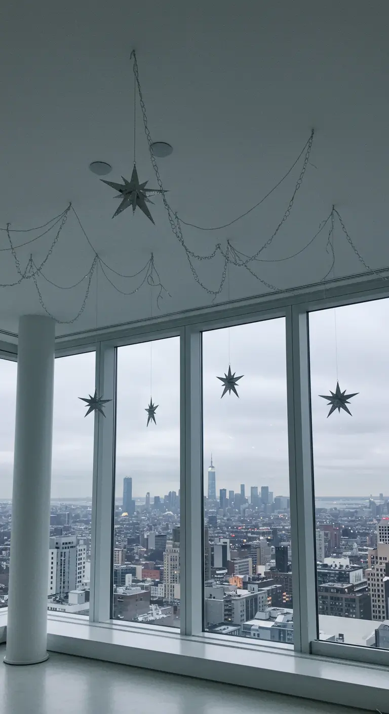Décoration minimaliste avec étoiles argentées suspendues devant une baie vitrée.