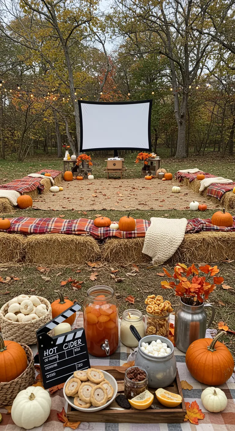 Cinéma d'automne en plein air avec des bottes de paille, des citrouilles et un bar à cidre.