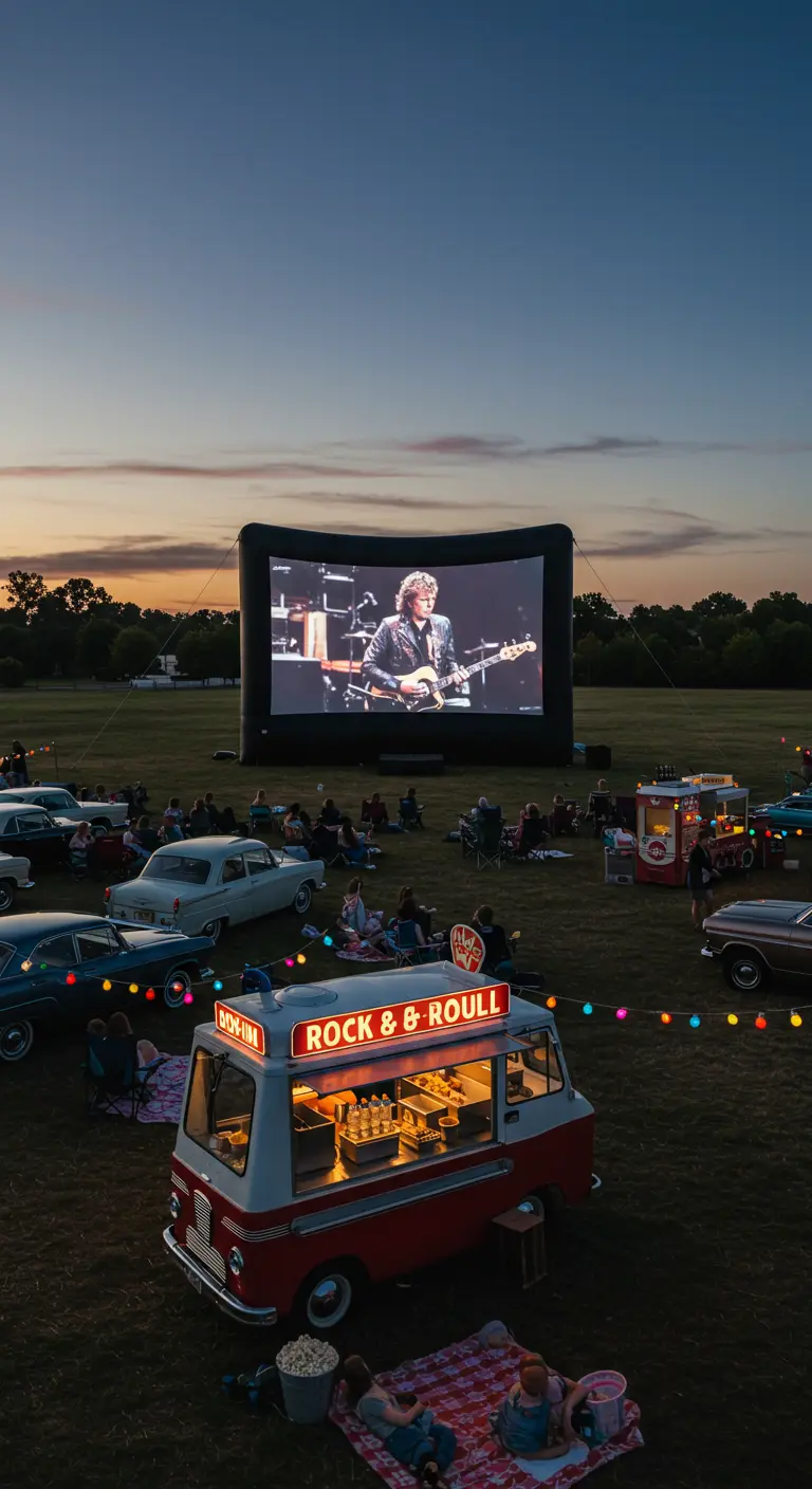 Drive-in avec un concert projeté sur un écran géant au crépuscule.