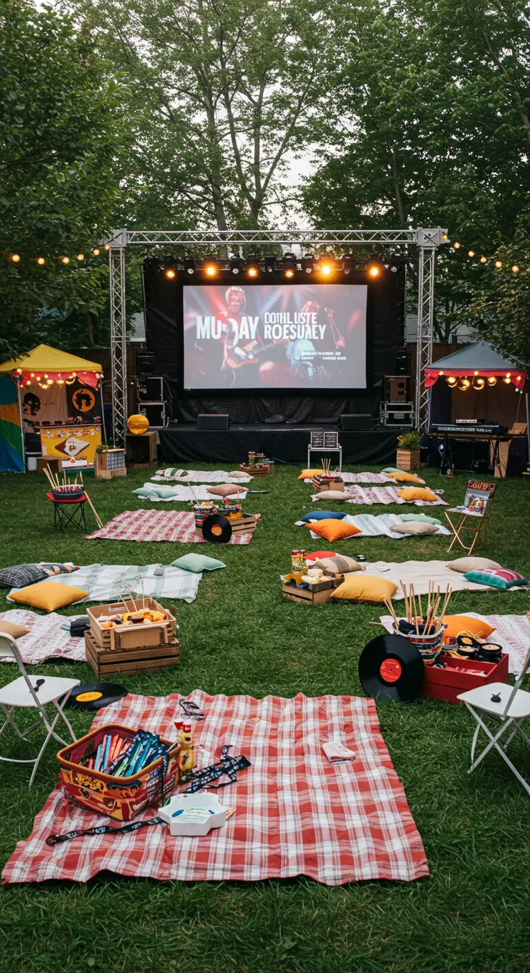 Ambiance de festival pour un cinéma en plein air, avec des couvertures à carreaux et des caisses en bois.