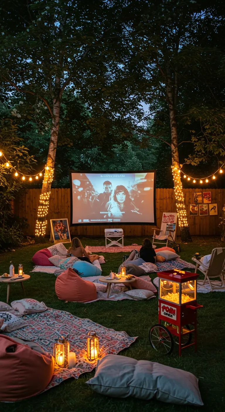 Cinéma en plein air dans un jardin avec poufs, guirlandes lumineuses et machine à pop-corn.