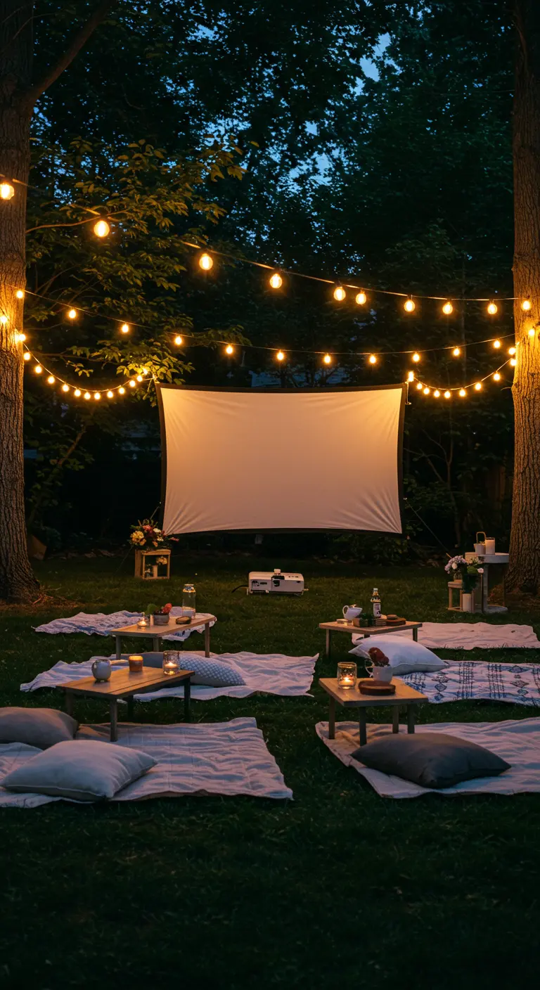 Soirée cinéma en plein air avec un écran, des guirlandes et des couvertures au sol.