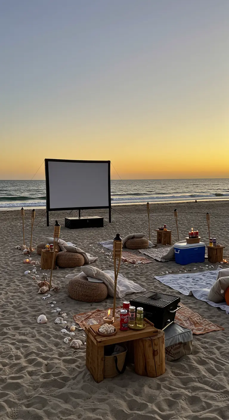 Cinéma sur la plage au coucher du soleil avec des poufs, des couvertures et des torches.