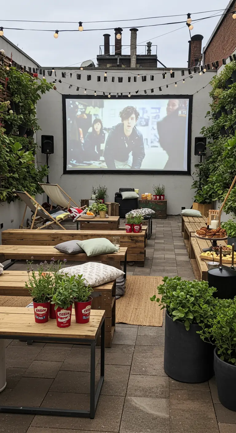 Cinéma en plein air sur une terrasse pavée avec des bancs en bois et des plantes.