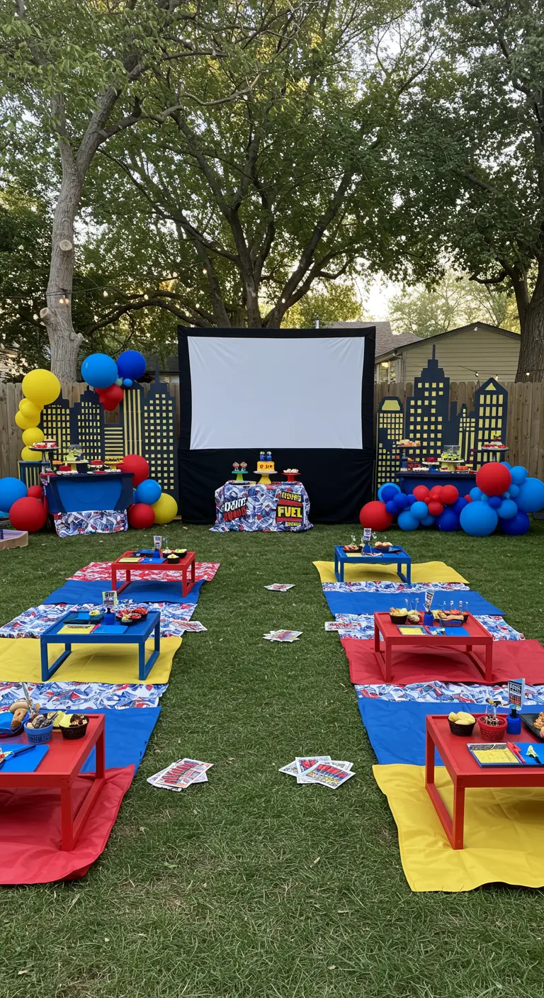 Décor de cinéma sur le thème des super-héros avec une skyline en carton et des ballons colorés.