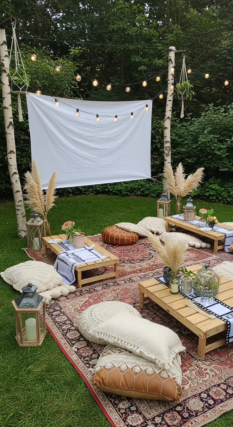 Installation de cinéma bohème avec tapis persan, coussins en macramé et herbes de la pampa.