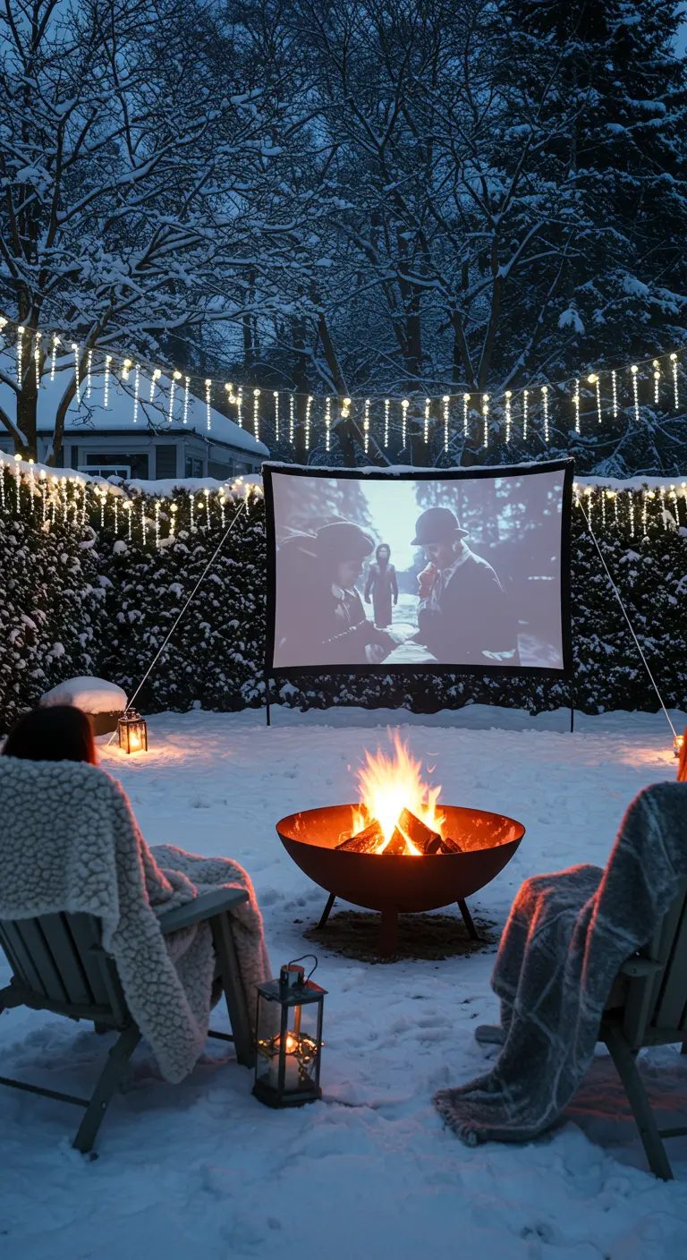 Scène de cinéma en plein air dans la neige, avec un brasero et des guirlandes lumineuses.