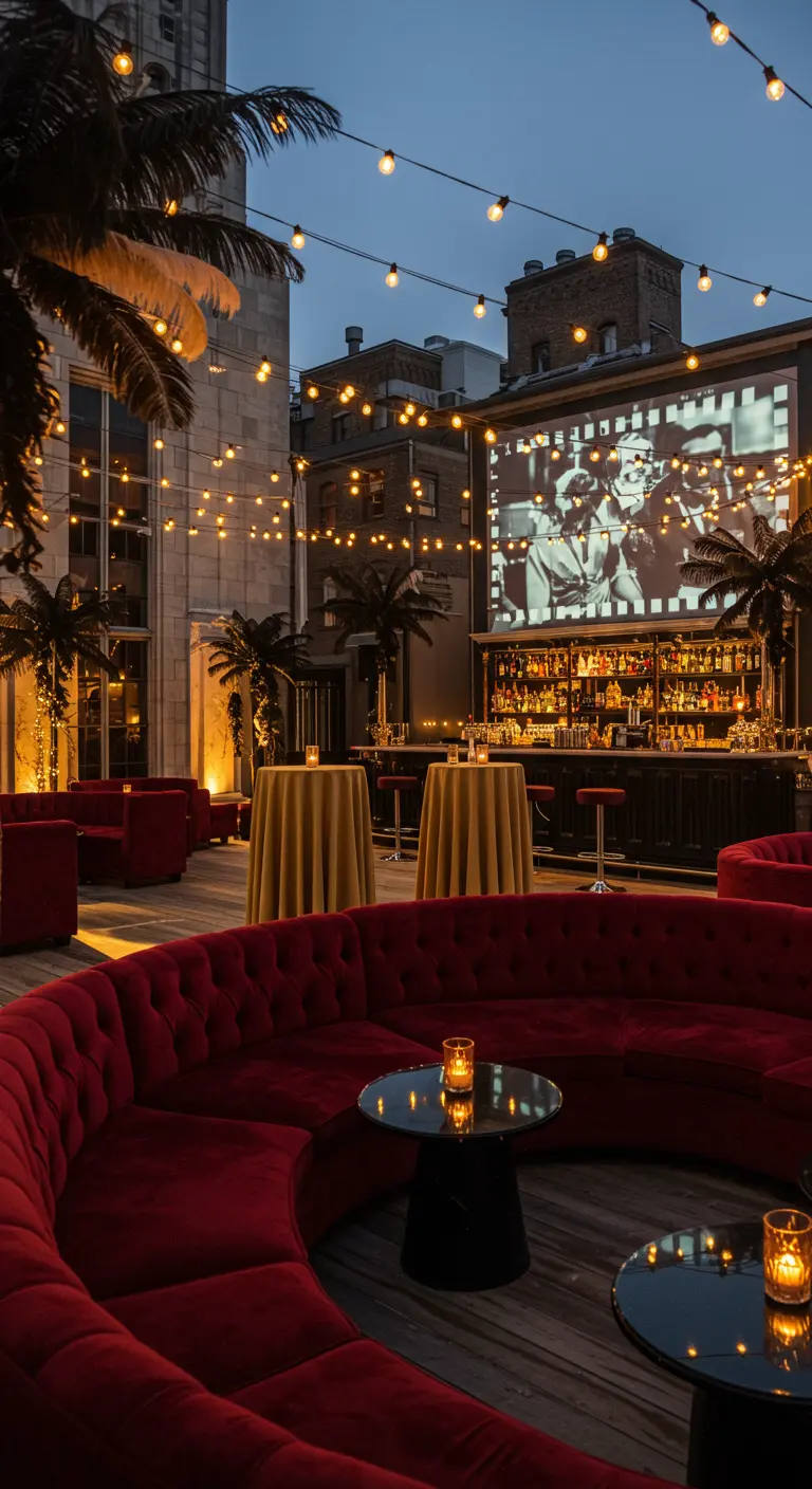 Rooftop cinéma rétro avec écran, canapés rouges, palmiers éclairés et guirlandes lumineuses.