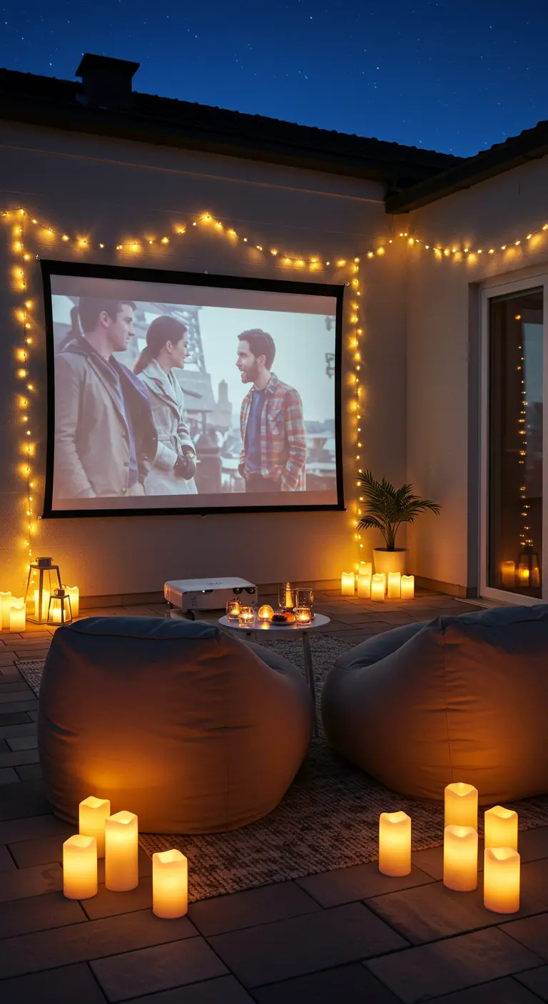 Terrasse aménagée en cinéma en plein air avec écran, guirlandes et bougies LED.