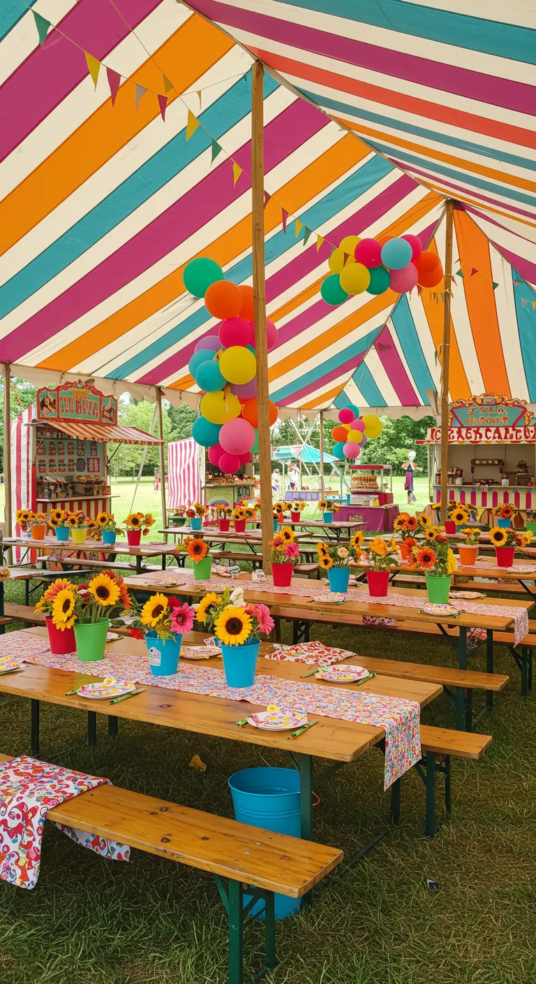 Tables de fête sous un chapiteau rayé, avec tournesols dans des seaux colorés et ballons lumineux.