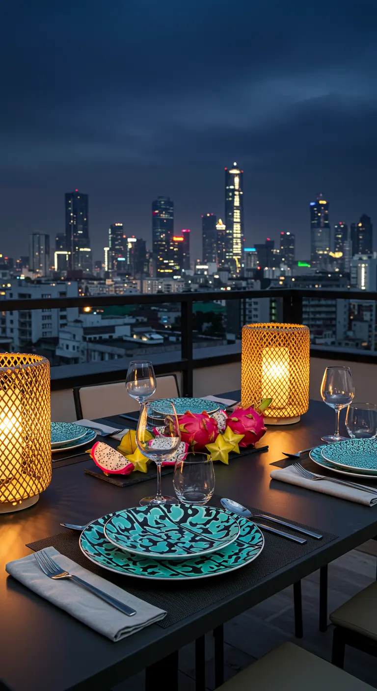 Table de dîner sur un balcon en ville la nuit, avec des lampes tressées et des fruits exotiques.