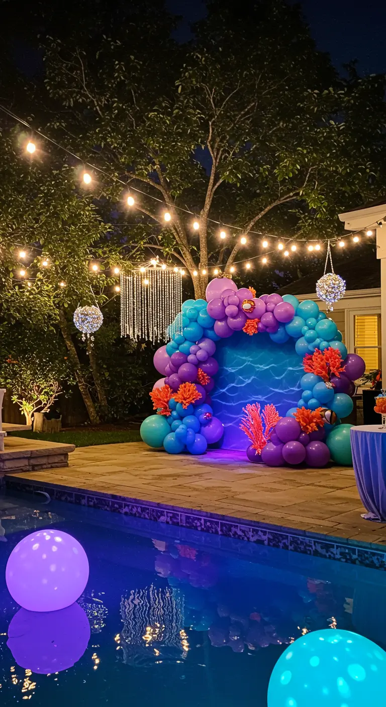 Décor de soirée au bord de la piscine avec une arche de ballons et des boules lumineuses.