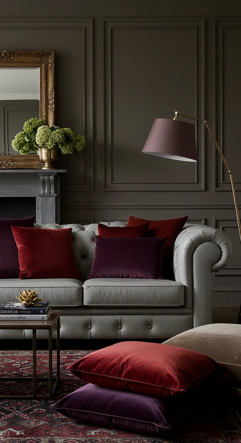 Canapé Chesterfield avec des coussins en velours rouge foncé et prune.
