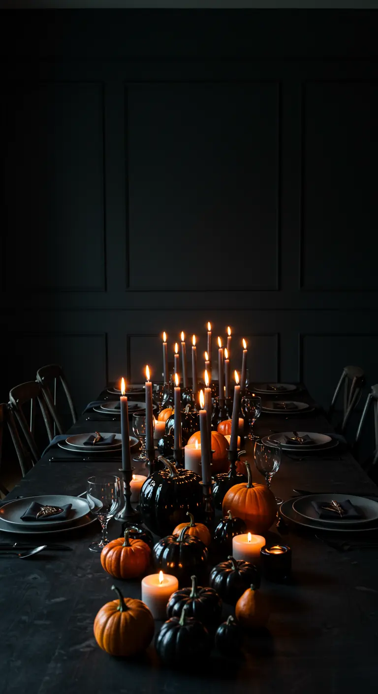 Table de dîner entièrement noire, éclairée uniquement par une multitude de bougies et de citrouilles.